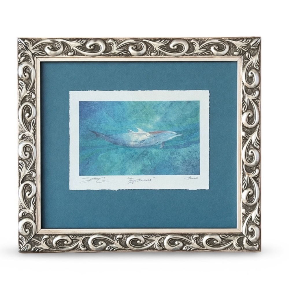 Pam E Webb “Togetherness” Dolphin Art Print Framed Blue Mat Silver Frame Coastal